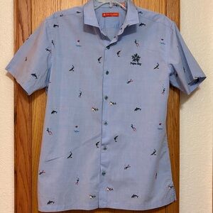 Tori Richard Blue Scuba Shark Poipu Bay Golf Short Sleeve Hawaiian Shirt